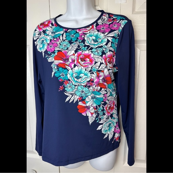 New LANDS’ END Rash Guard Shirt Deep Sea Blossom Floral Crew Neck Ling Sleeve - Picture 2 of 11